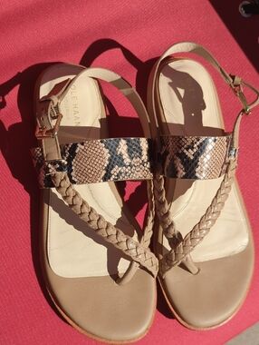 Cole Haan Braided Thong Sandals with Snake-Print Strap in Tan